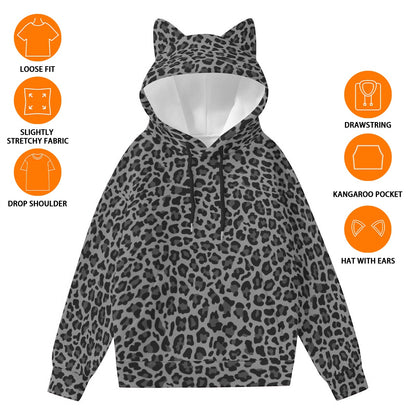 Leopard Hoodie With Cat's Ears | Gray and Black