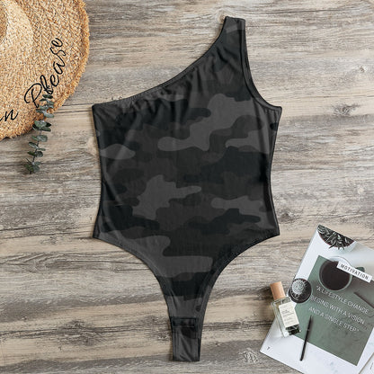 One-Shoulder Bodysuit | Black Camouflage