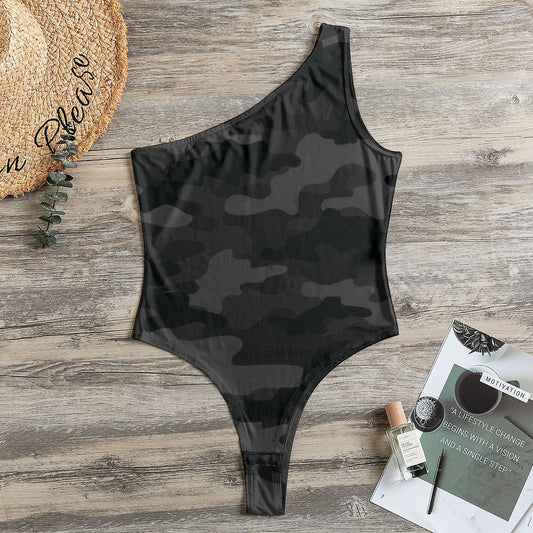 One-Shoulder Bodysuit | Black Camouflage