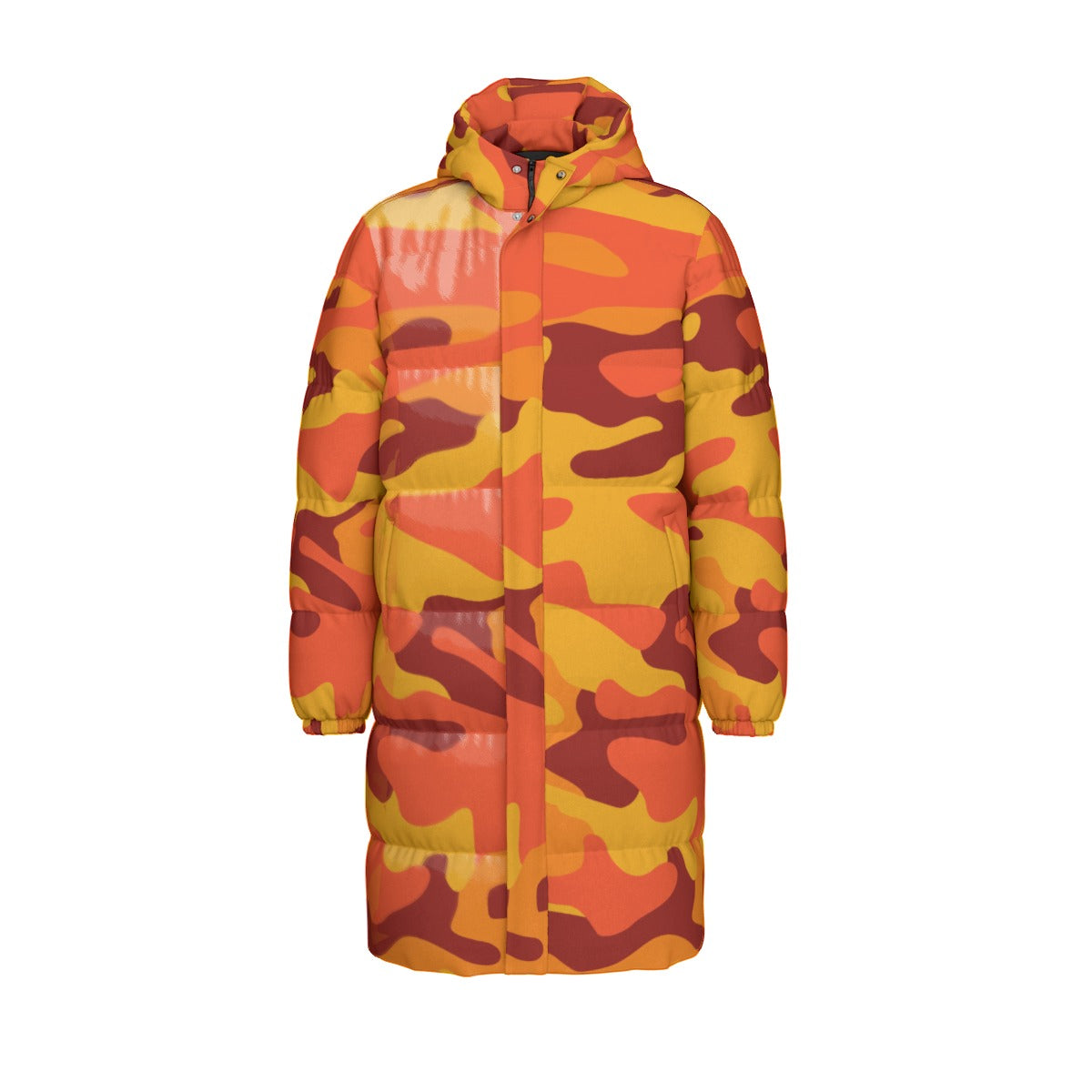 Long Puffer Coat | Unisex | Orange & Red Camouflage