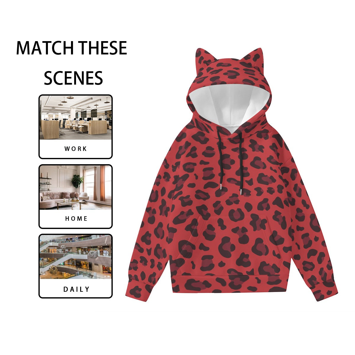 Leopard Hoodie With Cat's Ears | Red and Black