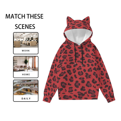 Leopard Hoodie With Cat's Ears | Red and Black