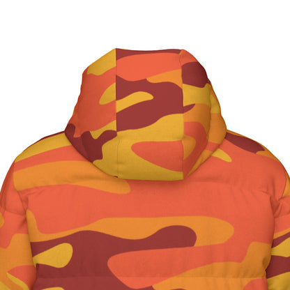 Long Puffer Coat | Unisex | Orange & Red Camouflage