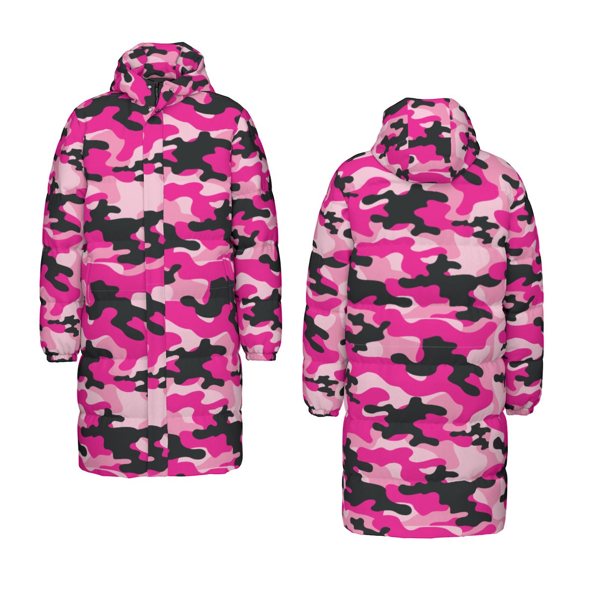 Long Puffer Coat | Unisex | Pink, Candy and Black Camouflage