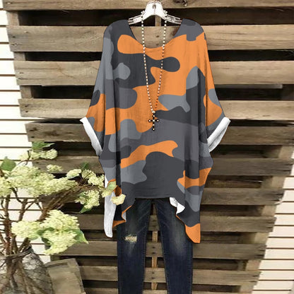 Bat Sleeve Shirt | Orange, Black and Gray Camo Print