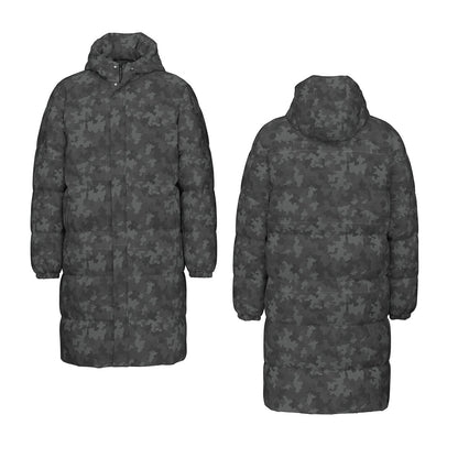 Long Puffer Coat | Unisex | Stylish Black Camouflage