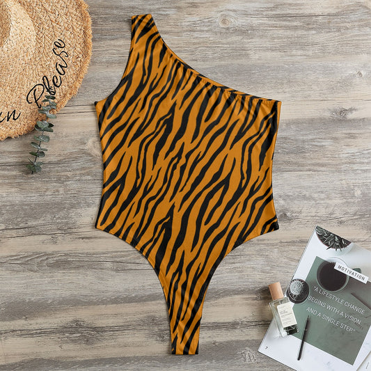 Tiger Print One-Shoulder Bodysuit | Orange and Black