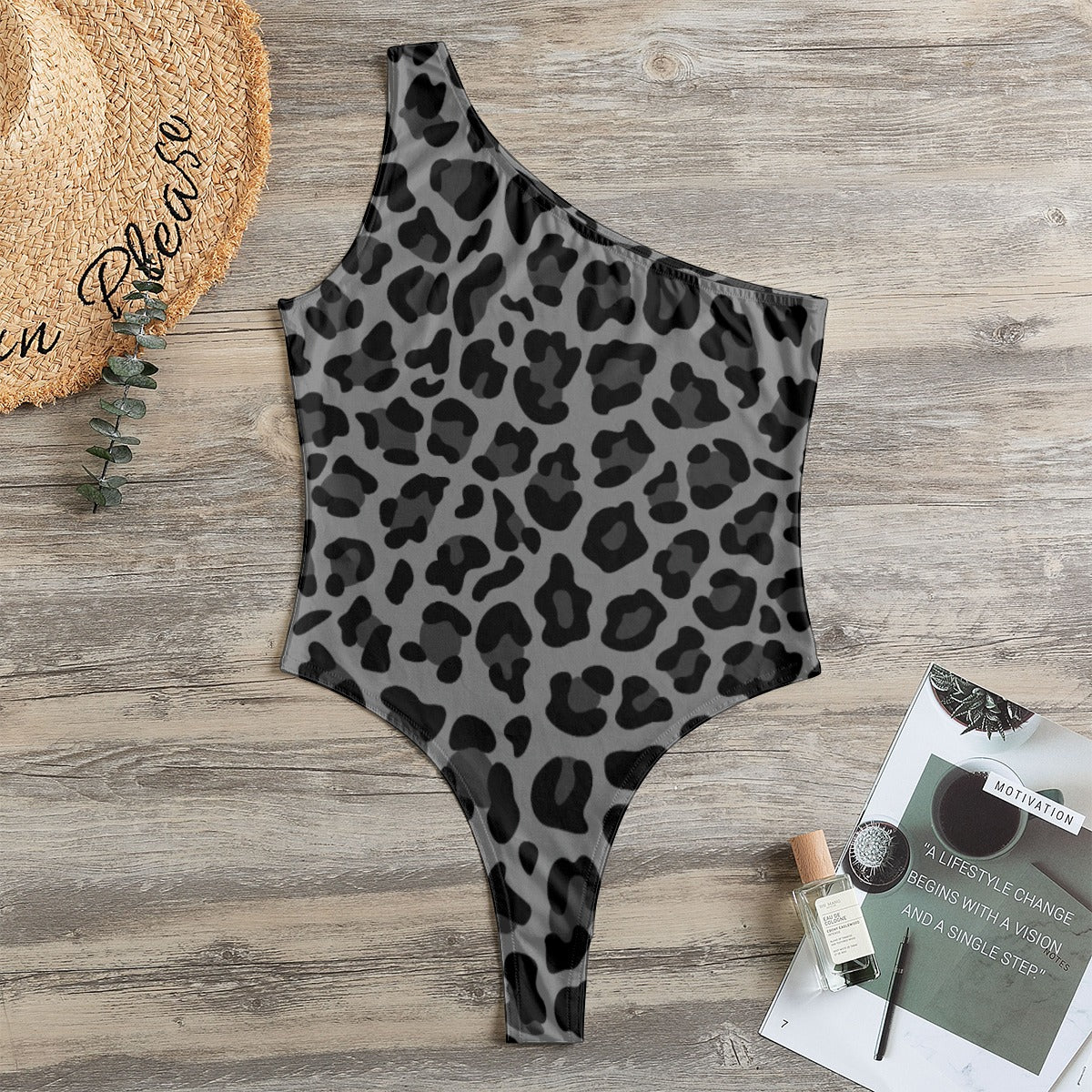 One-Shoulder Bodysuit | Leopard Print in Gray and Black