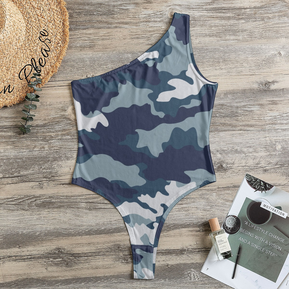 One-Shoulder Bodysuit | Navy Blue Camouflage