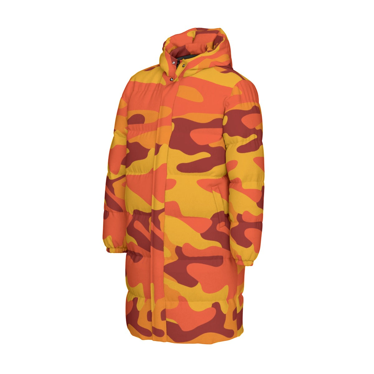 Long Puffer Coat | Unisex | Orange & Red Camouflage