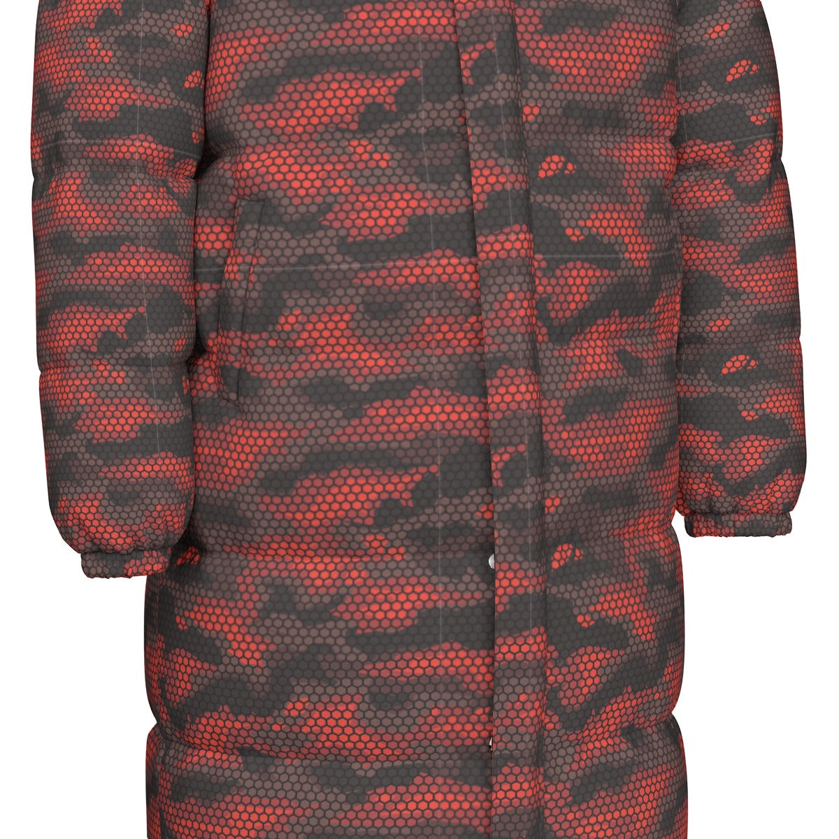 Long Puffer Coat | Unisex | Red Hive Camouflage