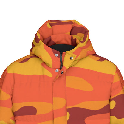 Long Puffer Coat | Unisex | Orange & Red Camouflage