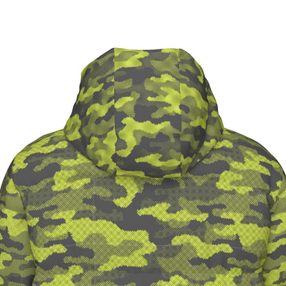 Long Puffer Coat | Unisex | Green Dotted Camouflage