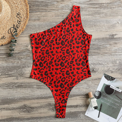 One-Shoulder Bodysuit | Red and Black Leopard Print