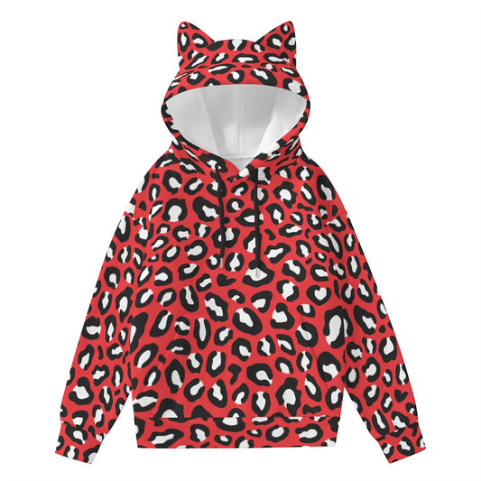 Leopard Hoodie With Cat's Ears | Red, Black and White