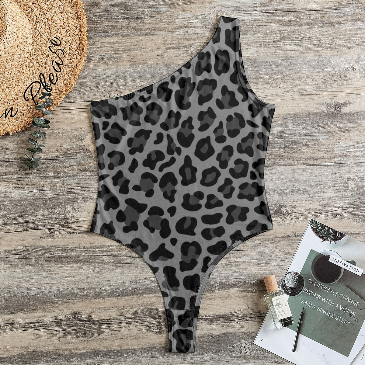 One-Shoulder Bodysuit | Leopard Print in Gray and Black