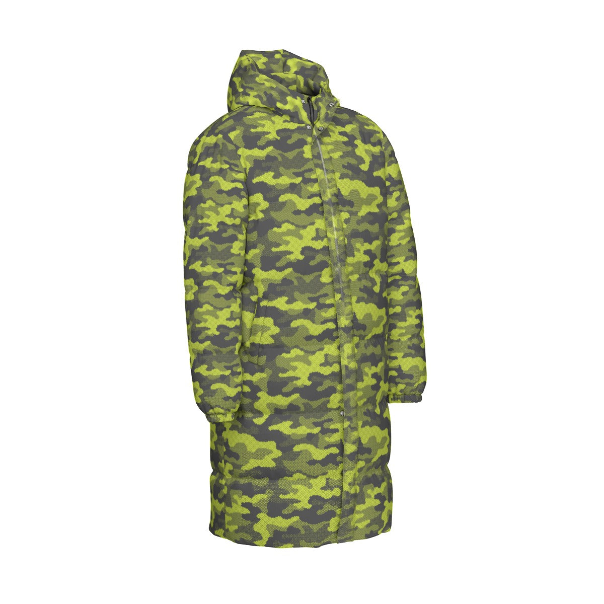 Long Puffer Coat | Unisex | Green Dotted Camouflage