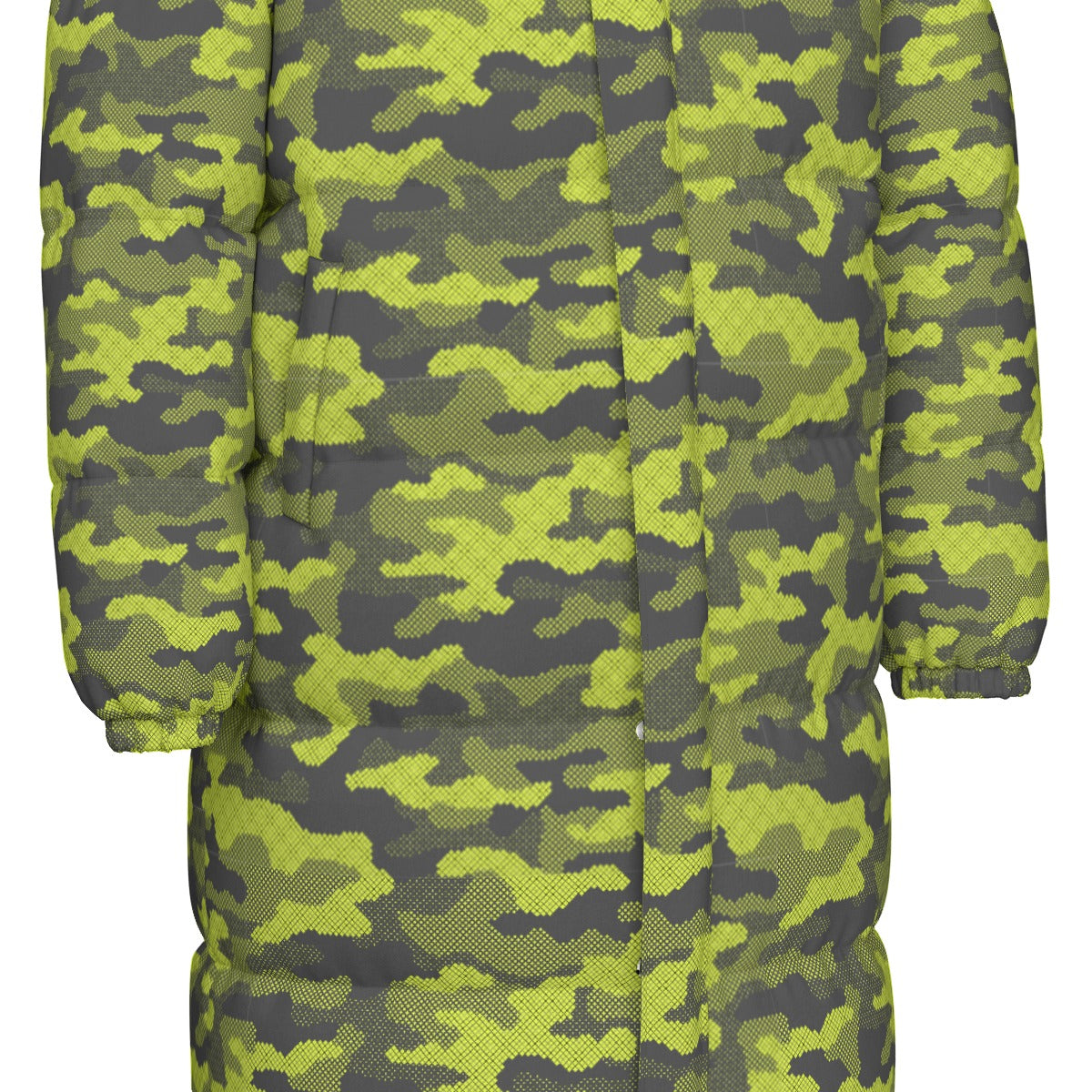 Long Puffer Coat | Unisex | Green Dotted Camouflage