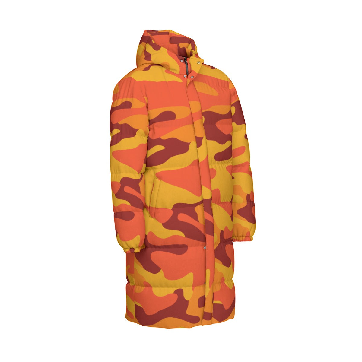 Long Puffer Coat | Unisex | Orange & Red Camouflage