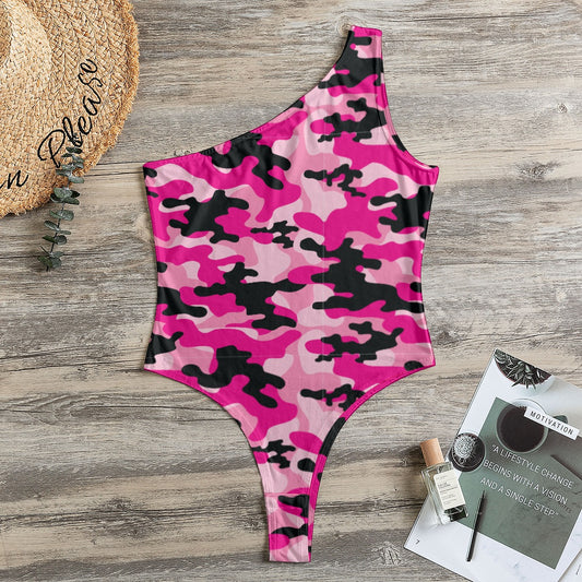 One-Shoulder Bodysuit | Pink, Candy and Black Camouflage