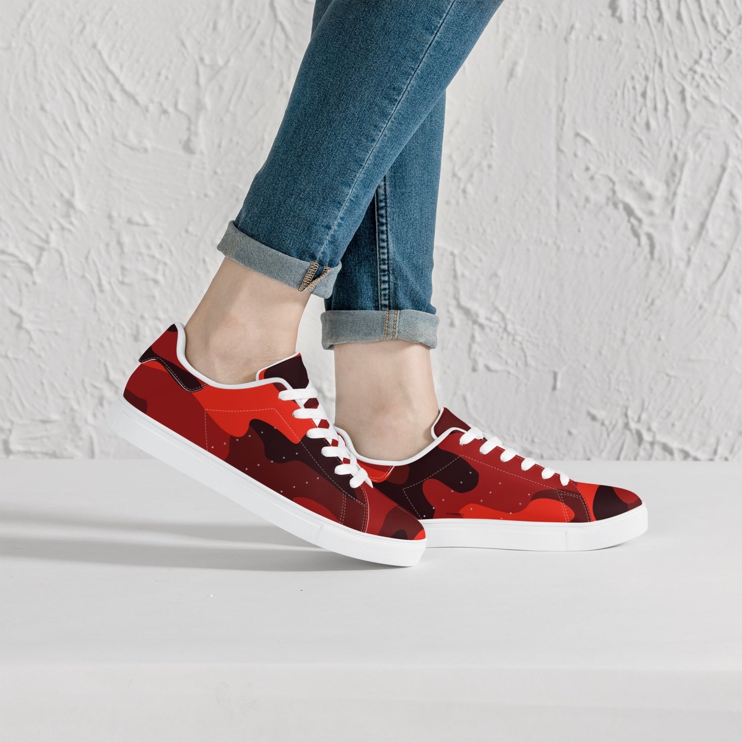 Camo Sneakers | Classic Low-Top Leather | Scarlet Red & Black