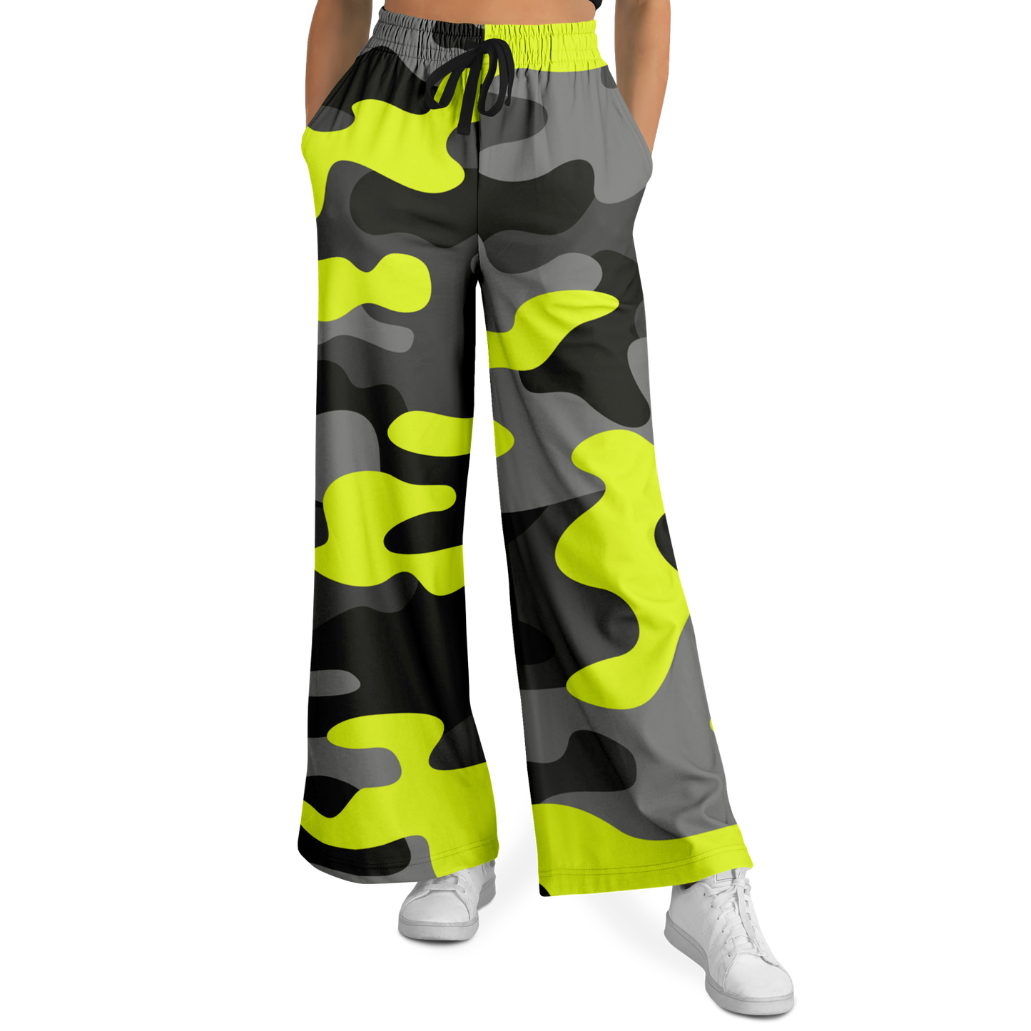 Camo Wide Leg Pants | Black, Gray & Yellow Camouflage