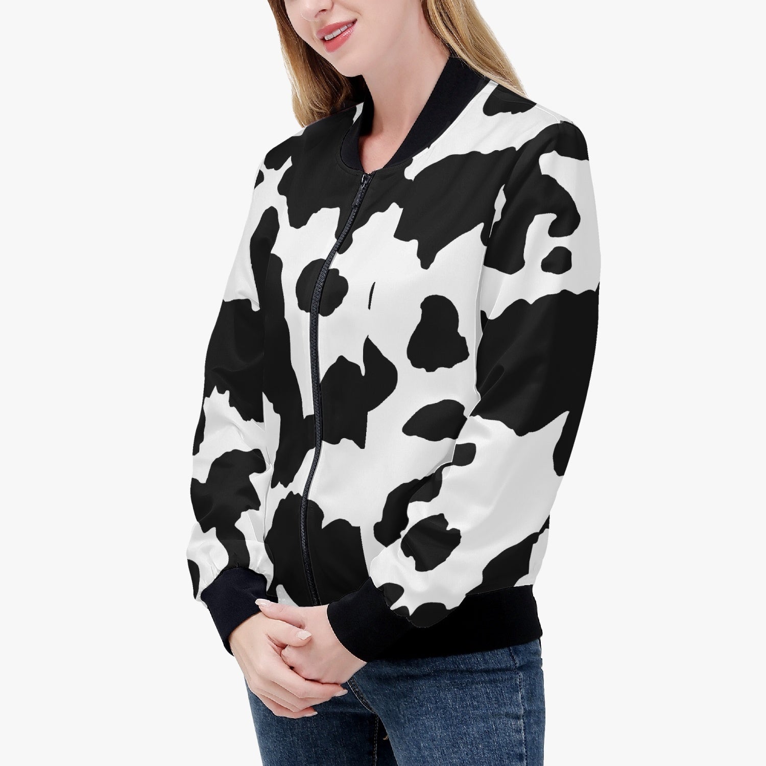 Women's Camo Bomber Jacket | Black and White Cow Print