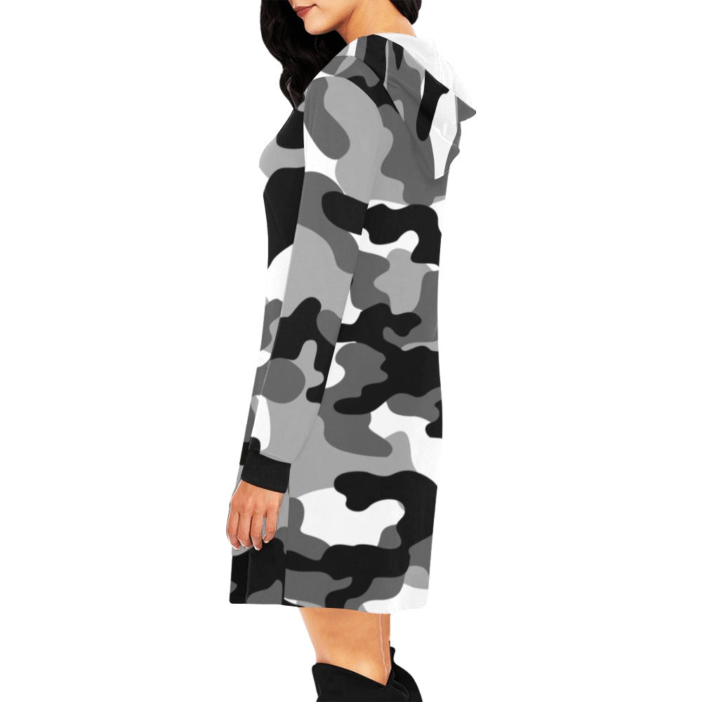 Camo Hoodie Dress | Gray, Black, and White Camouflage