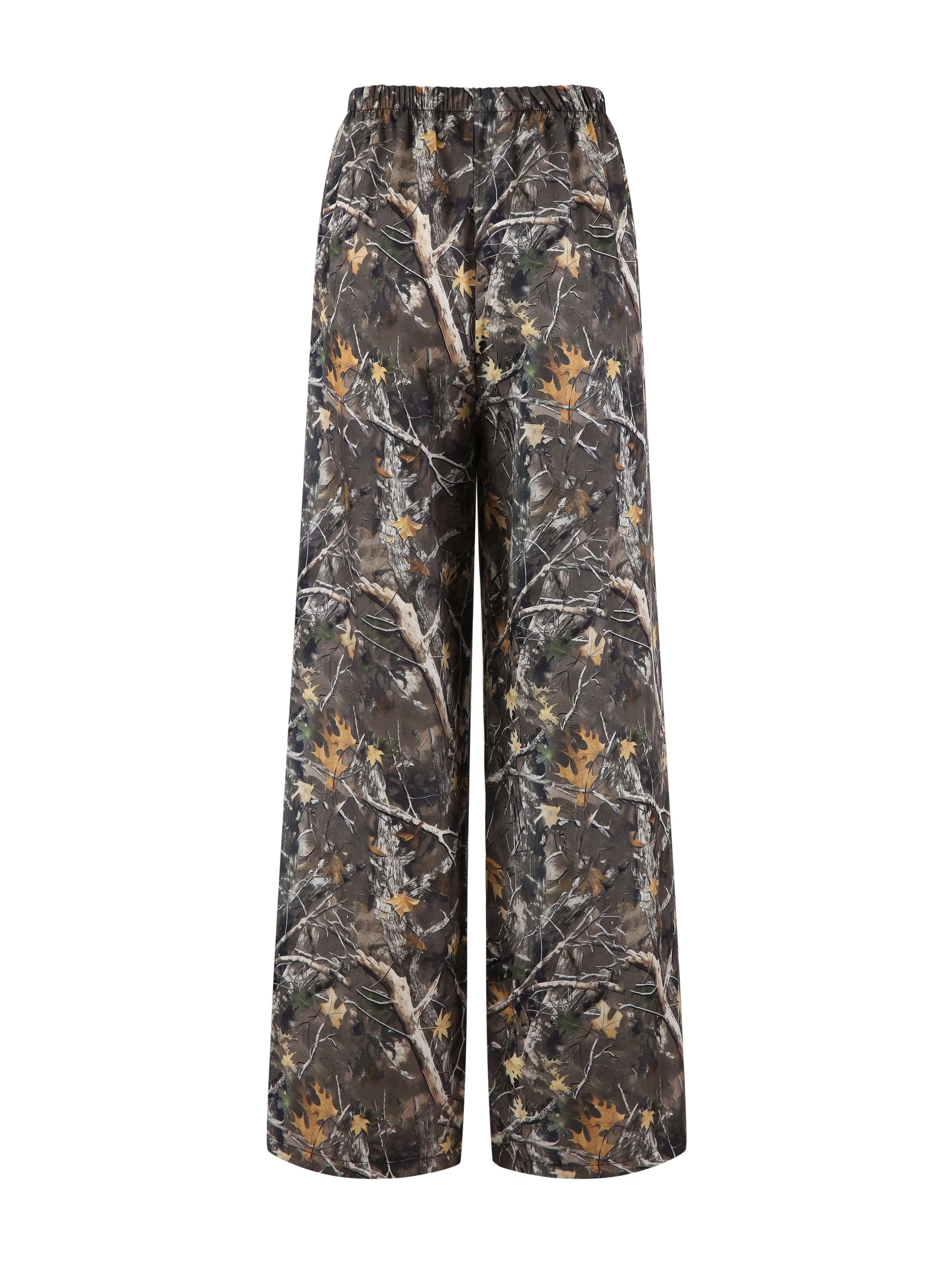 Camo Leaf Print Wide-Leg Pants for Women | Faux Drawstring, High Waist