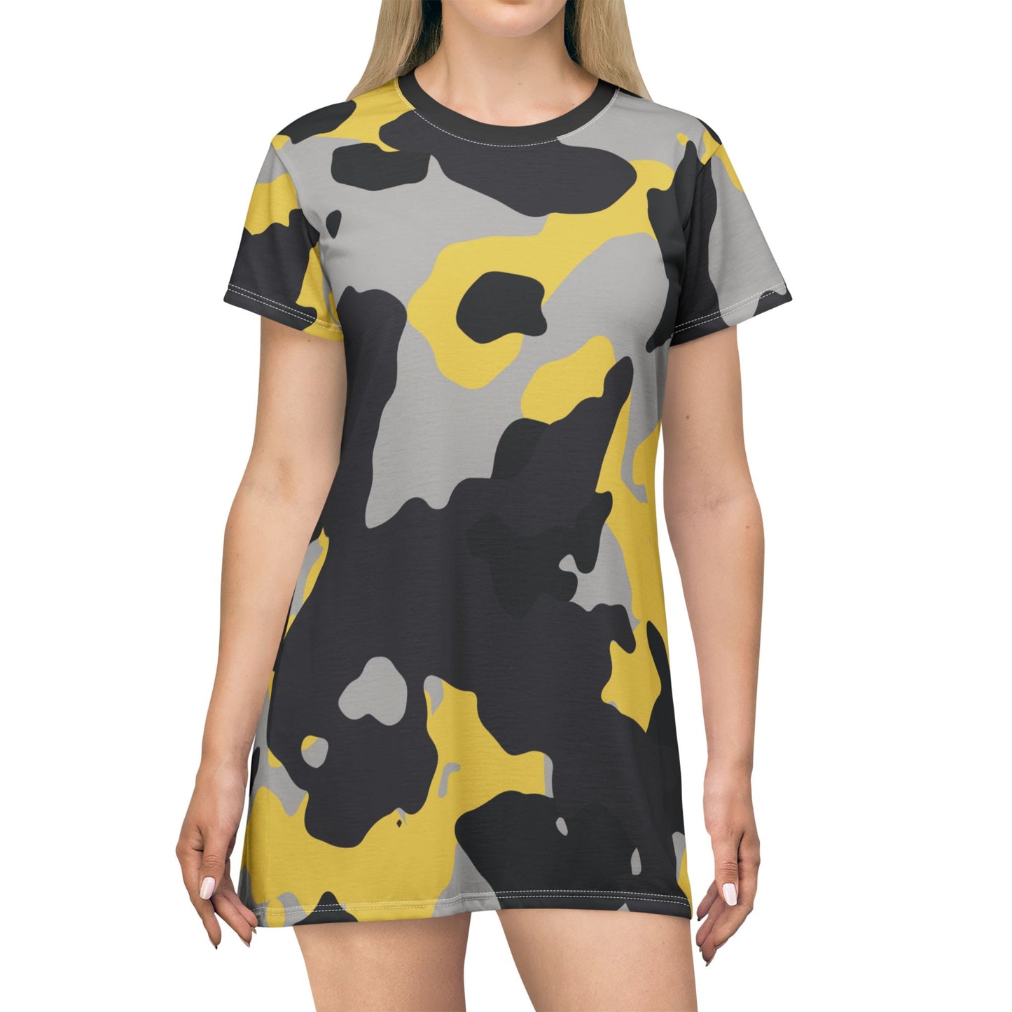 Camo T-Shirt Dress | Yellow, Black, and Silver Camouflage