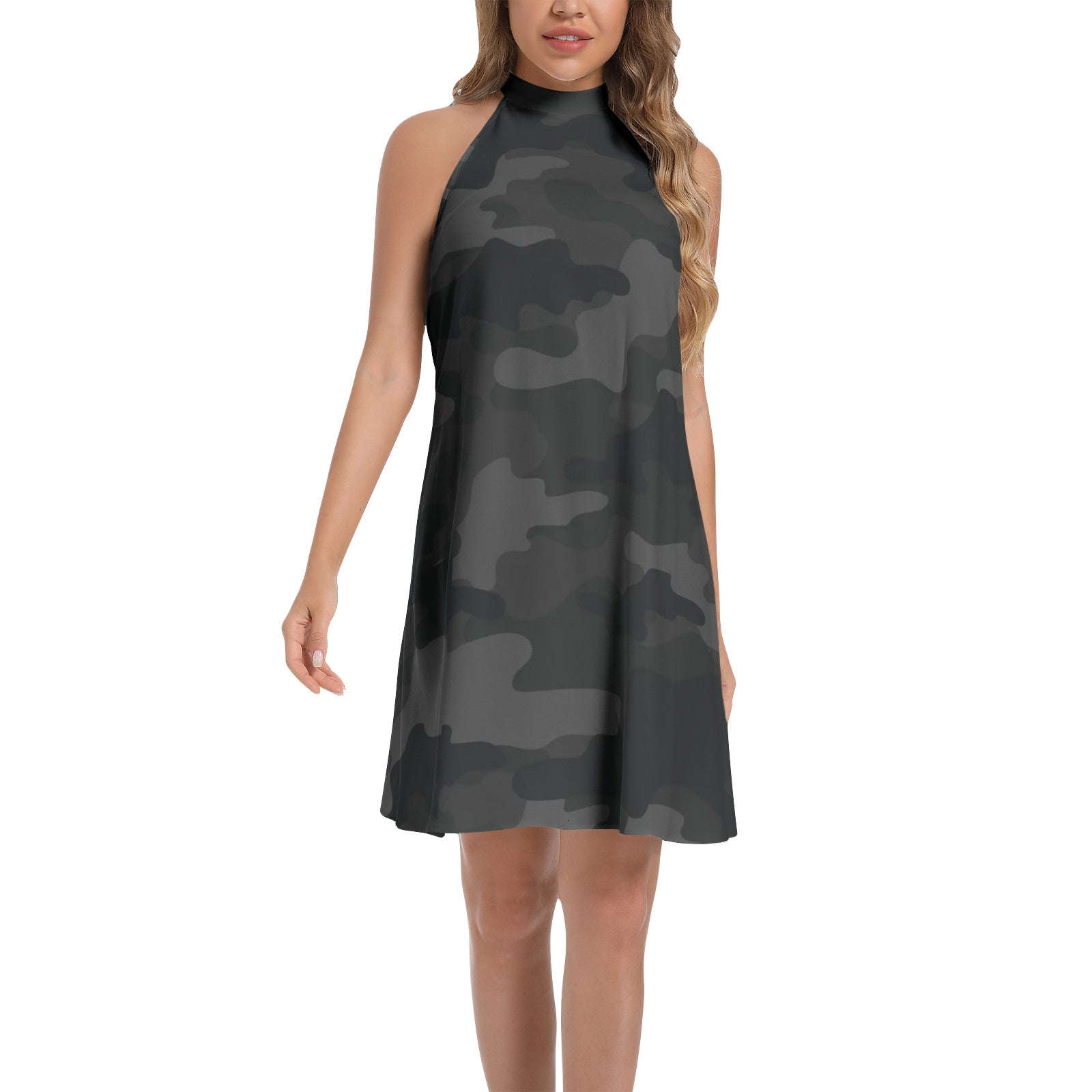 Flared Camo Dress | Halter Neck | Black Camouflage