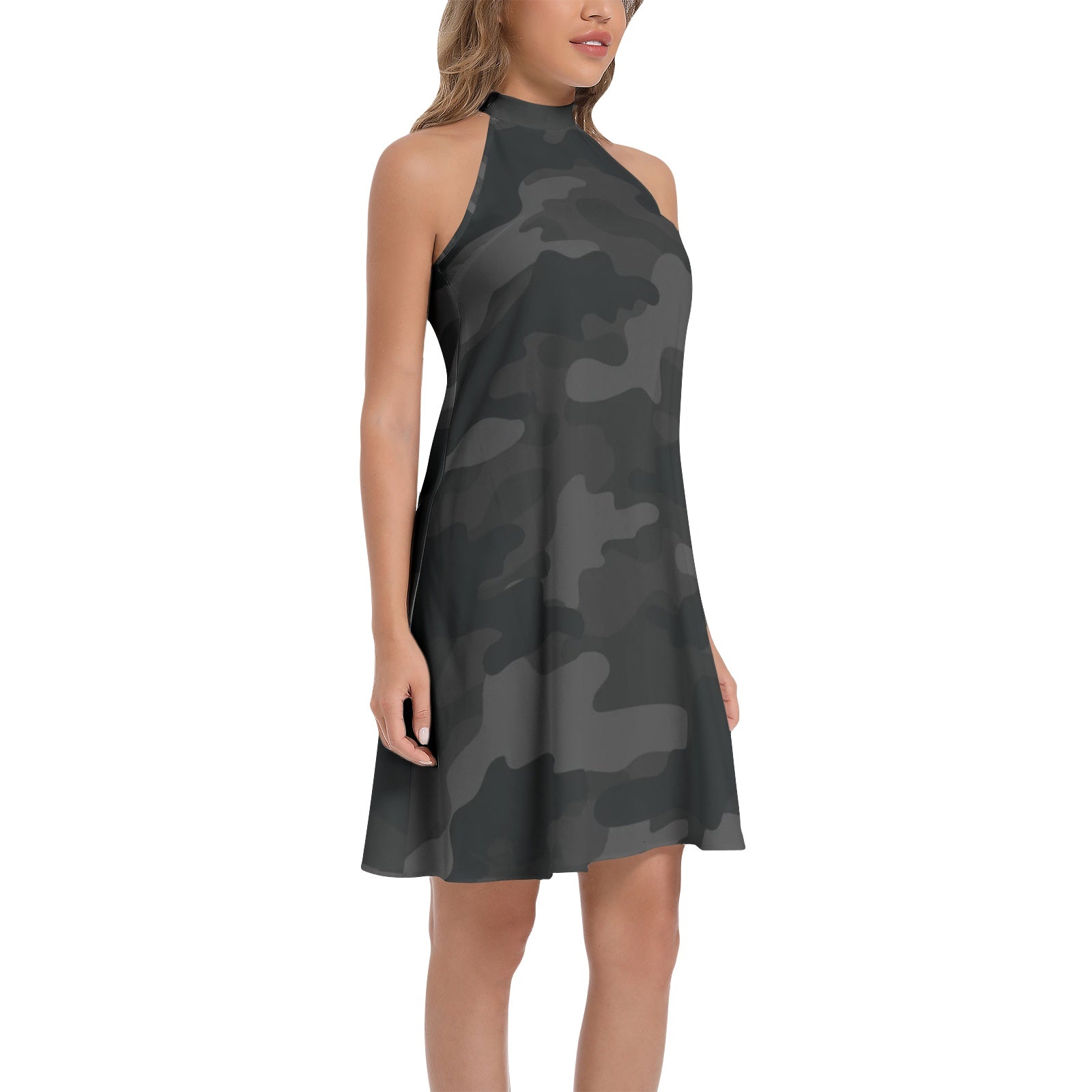 Flared Camo Dress | Halter Neck | Black Camouflage