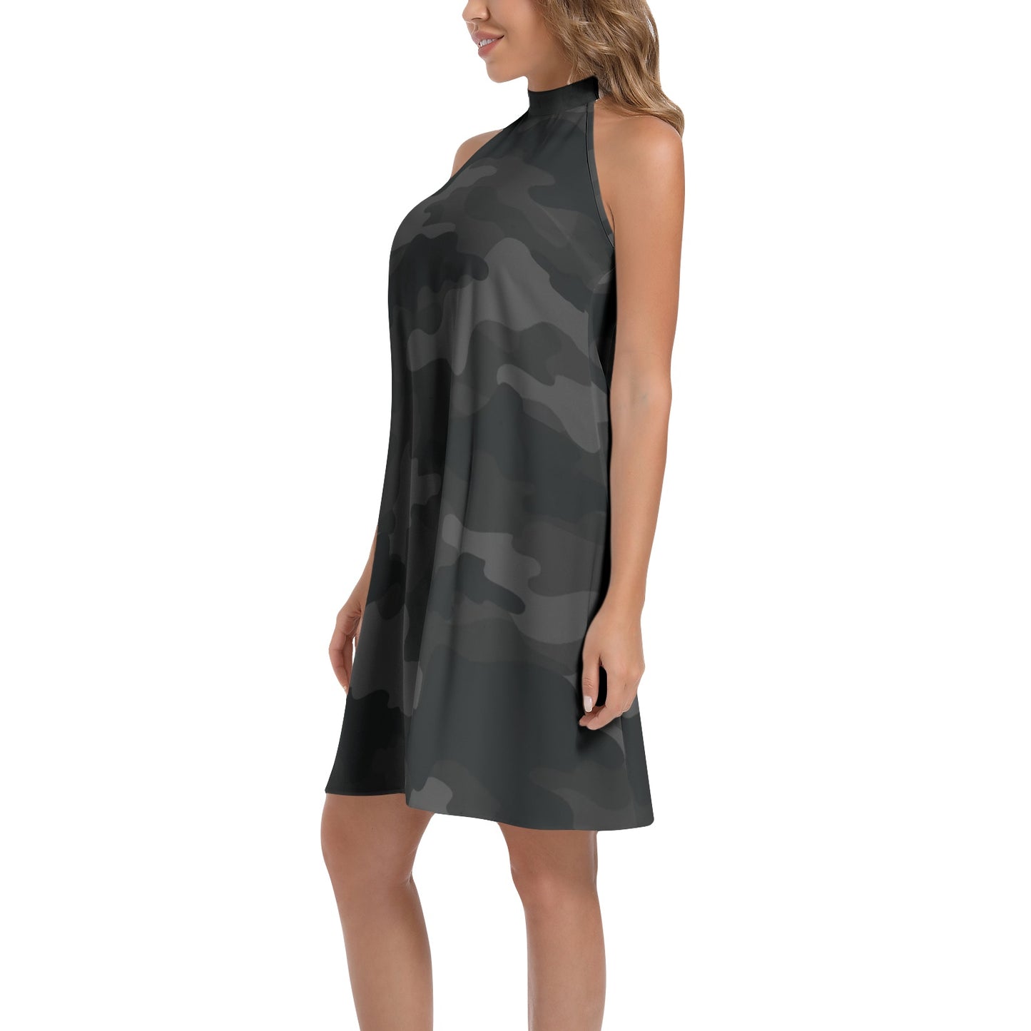 Flared Camo Dress | Halter Neck | Black Camouflage