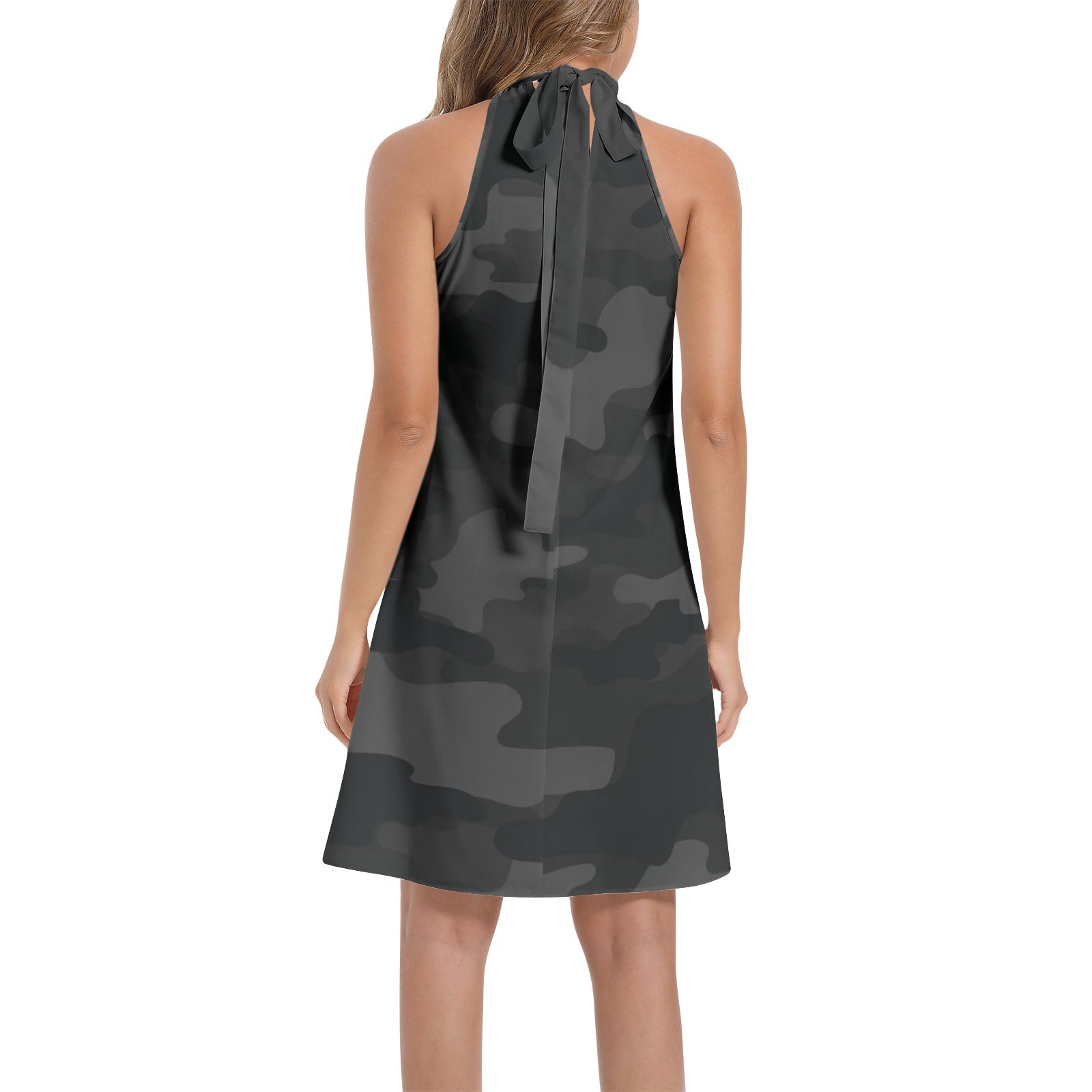 Flared Camo Dress | Halter Neck | Black Camouflage