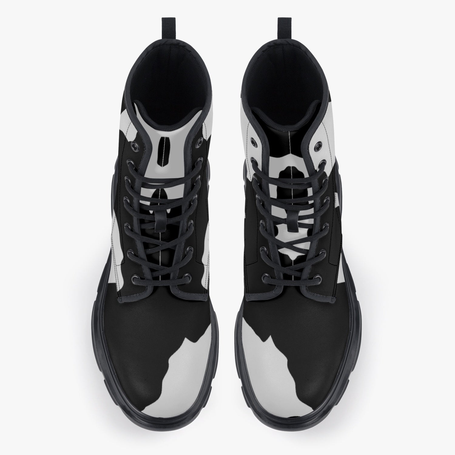 Chunky Boots | Leather in Black & White Cow Print Camouflage