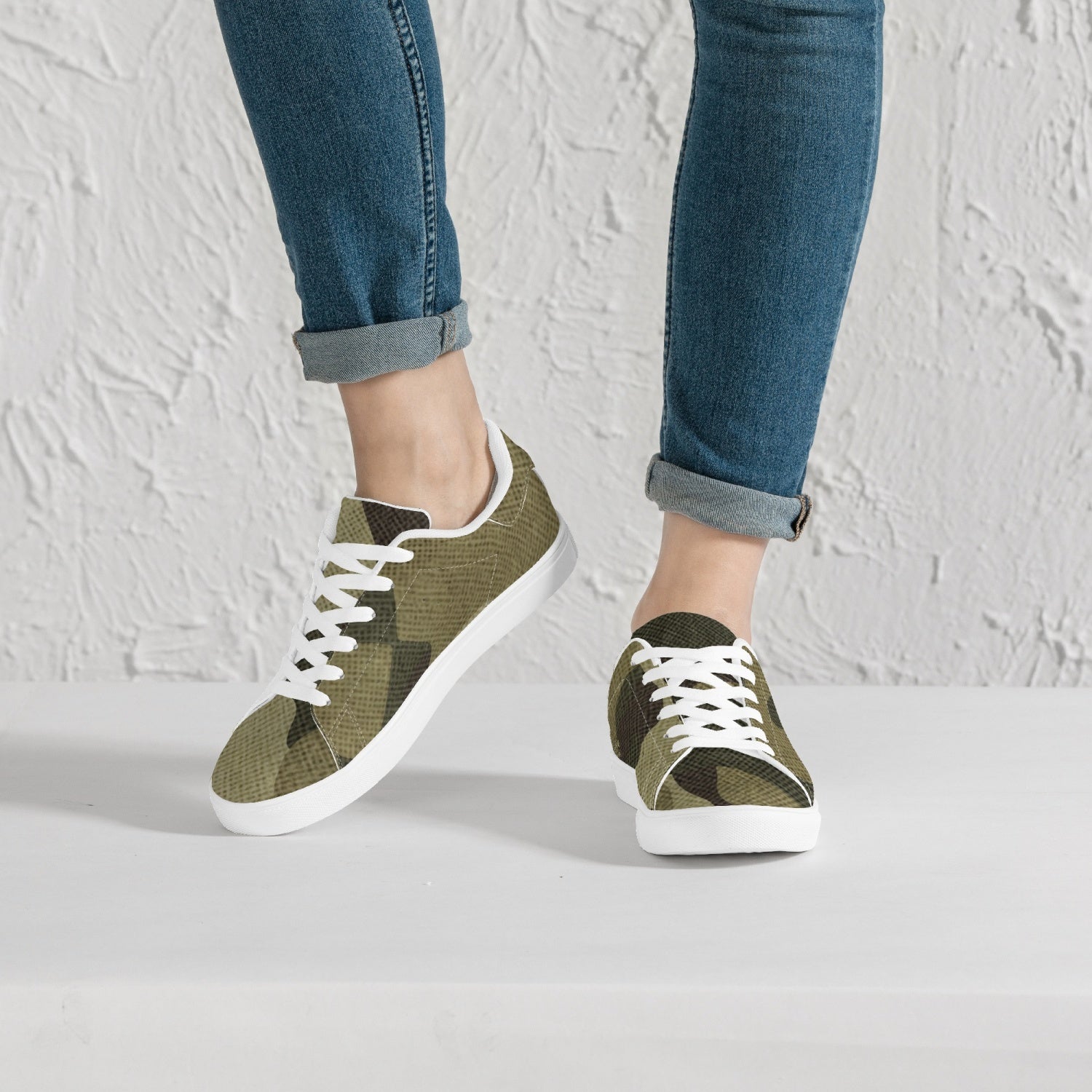 Camo Sneakers | Classic Low-Top Leather | Green Fabric