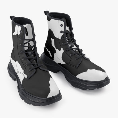 Chunky Boots | Leather in Black & White Cow Print Camouflage