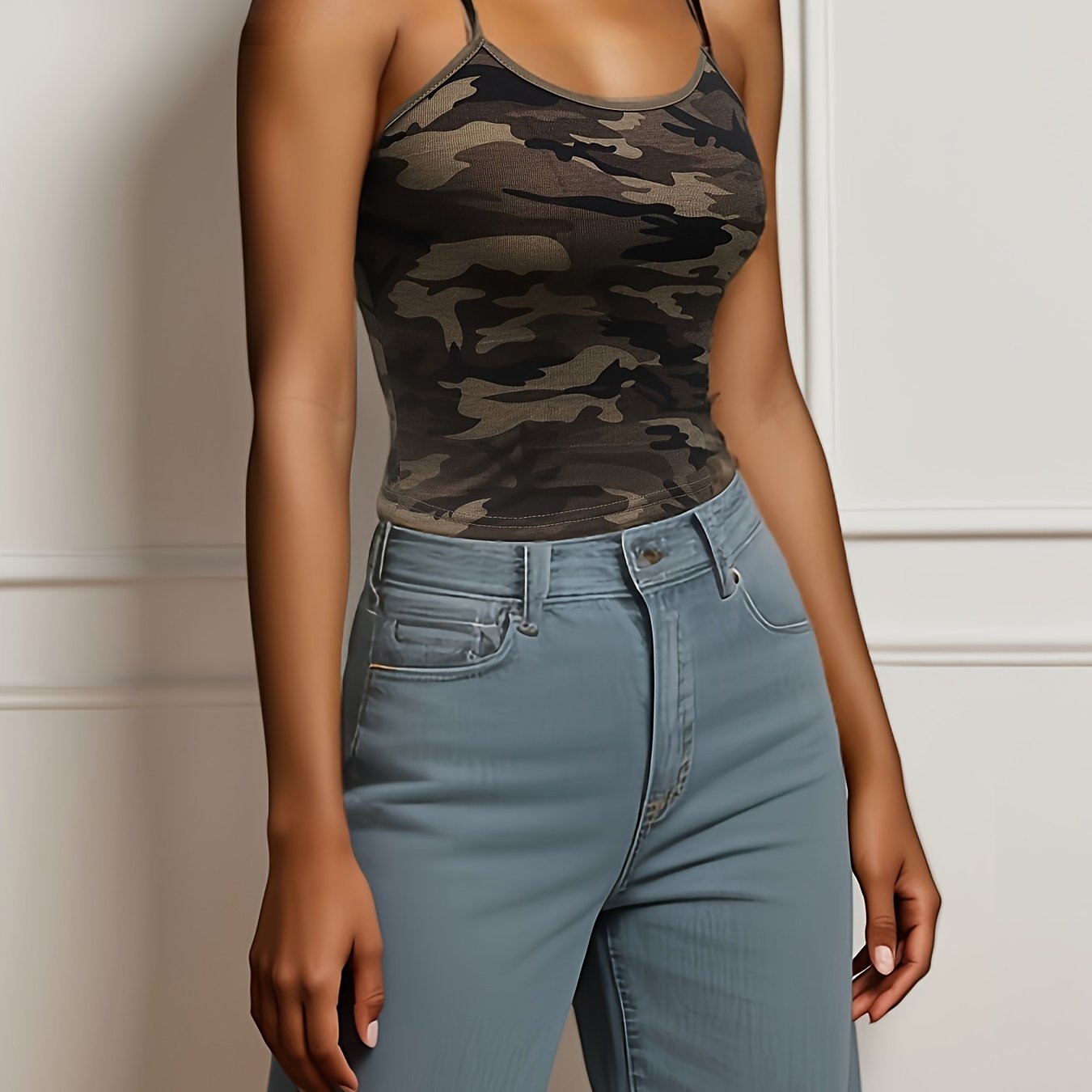 Camo Print Knit Crop Top for Women | Off-Shoulder Sleeveless Tank