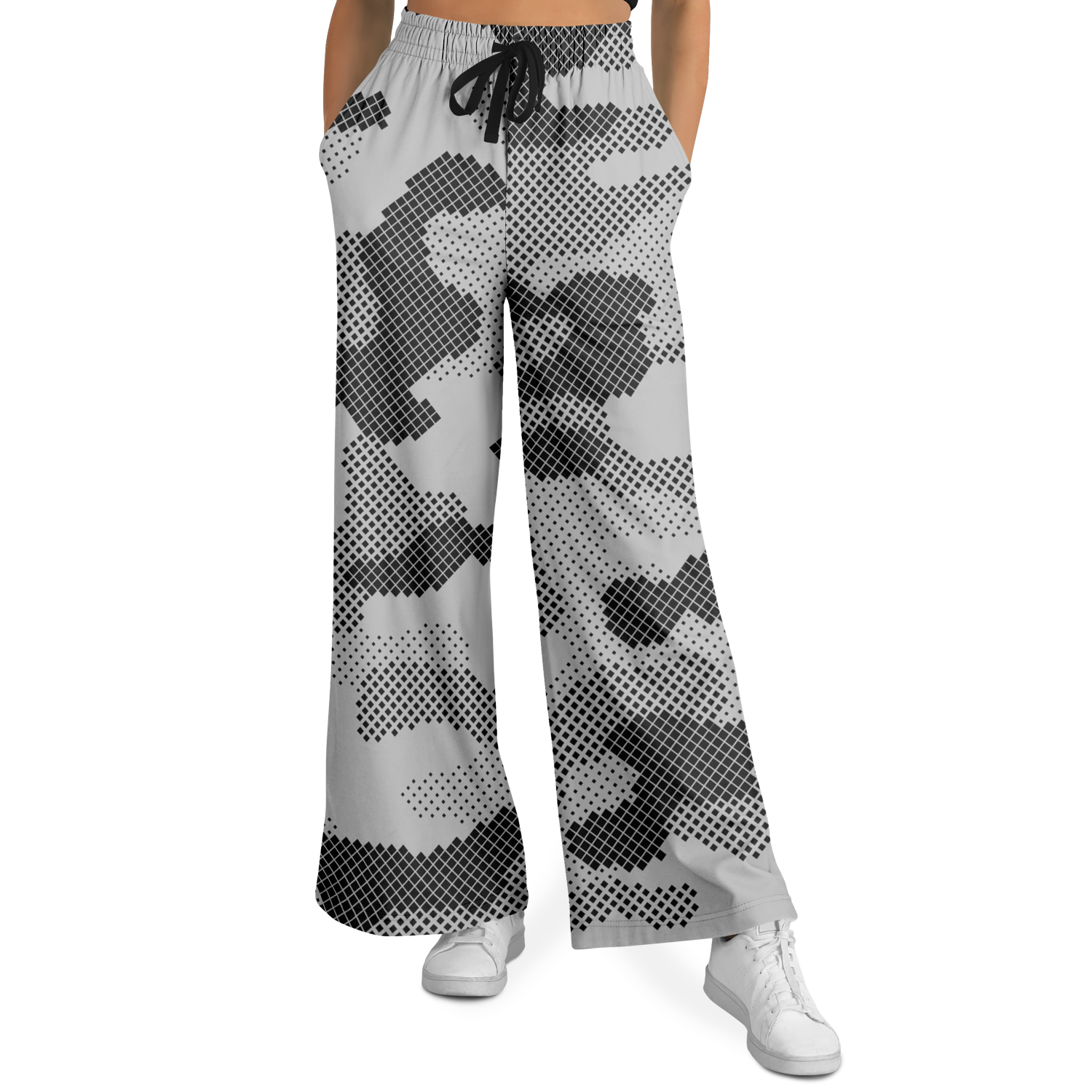 Camo Wide Leg Pants | Black & White Digital Dotted