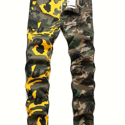 Men's Fashion Patchwork Camo Jeans Cotton Blend Regular Fit Mid Waist Non-Stretch Denim Pants with Pockets Zipper Fly for All Seasons