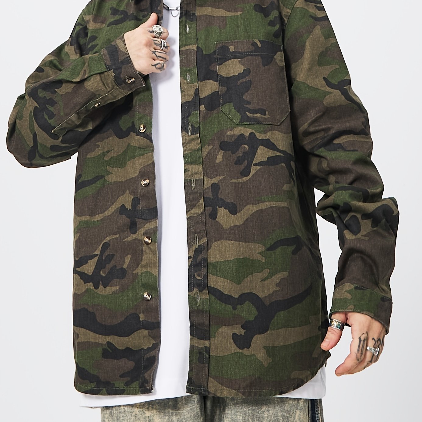 Men's Green Camo Denim Shirt | Long Sleeve Button Up Shirt