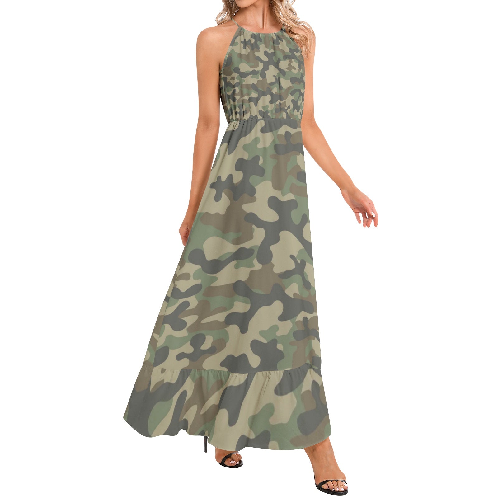 Camo Maxi Dress | Military Brown Camouflage | Ruffle Hem