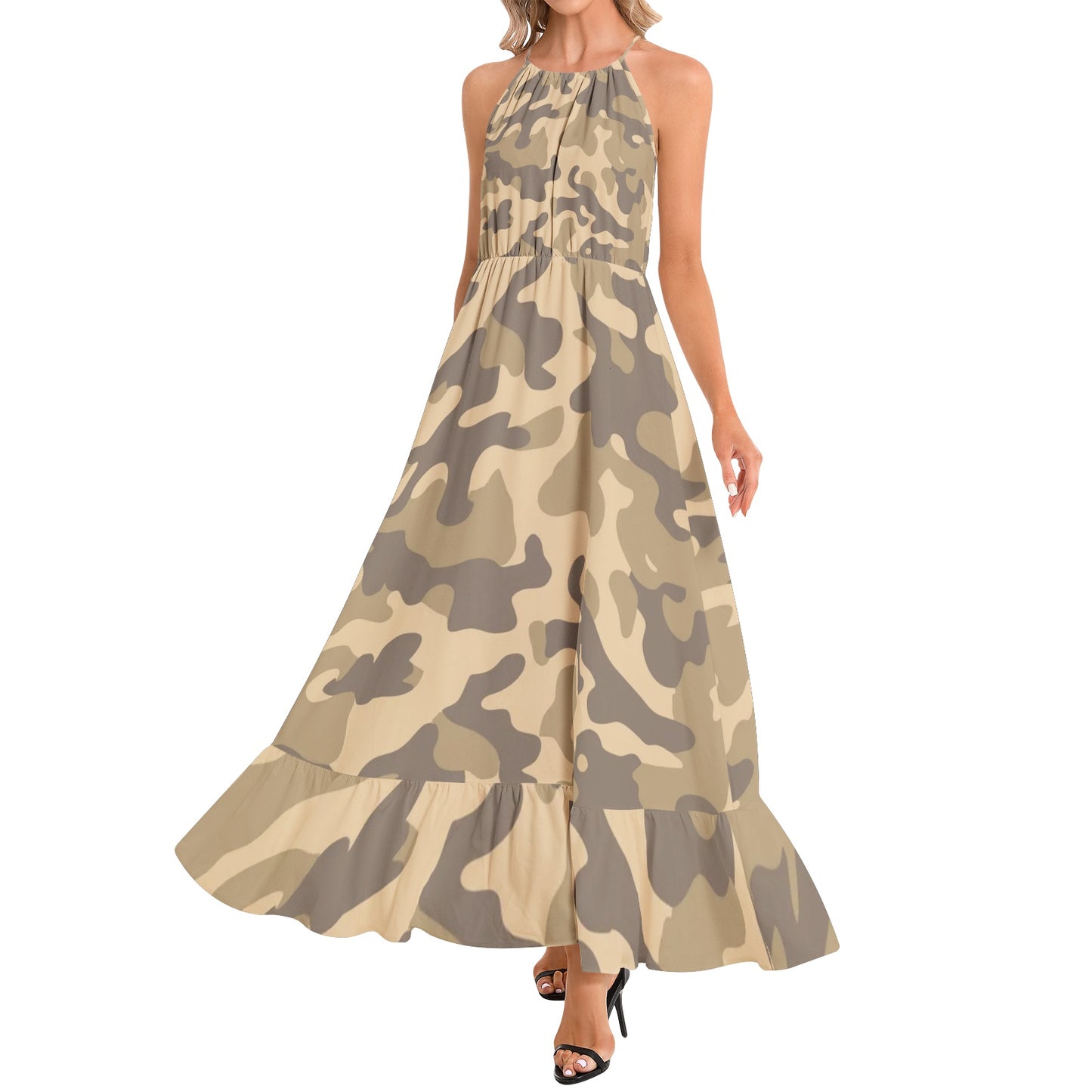 Camo Maxi Dress | Khaki Camouflage | Ruffle Hem