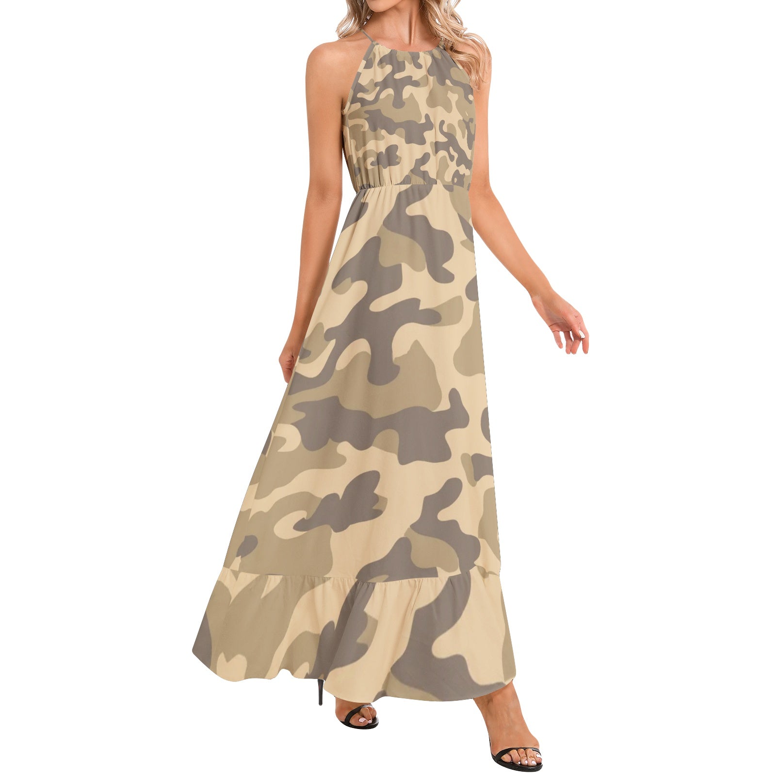 Camo Maxi Dress | Khaki Camouflage | Ruffle Hem