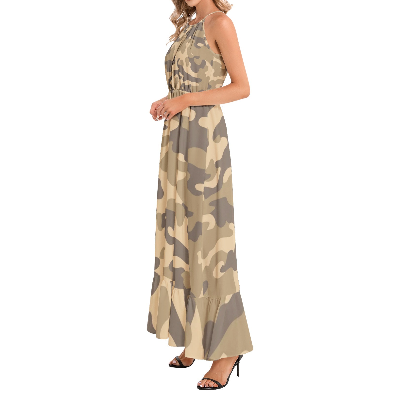 Camo Maxi Dress | Khaki Camouflage | Ruffle Hem