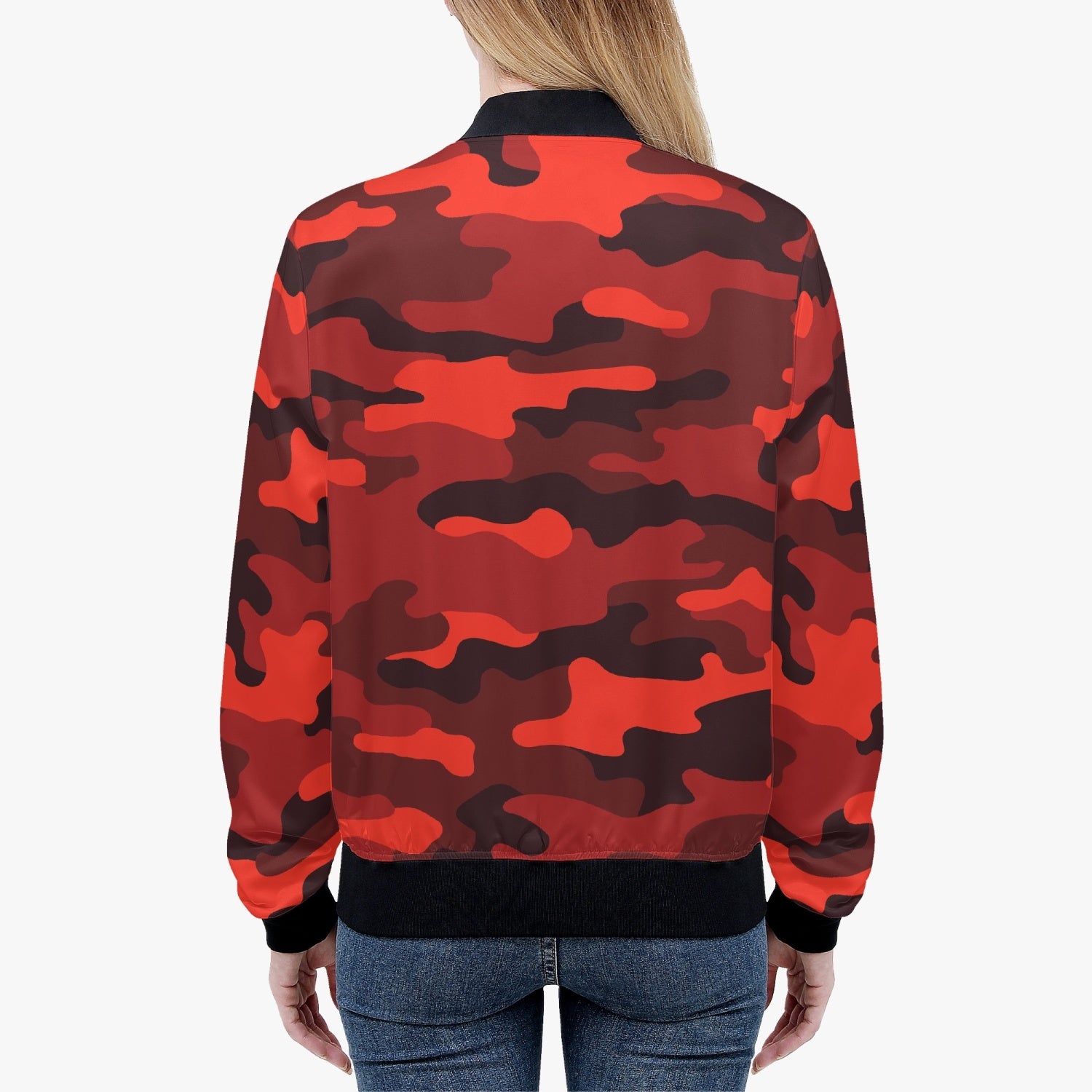 Women's Camo Bomber Jacket | Scarlet Red and Black