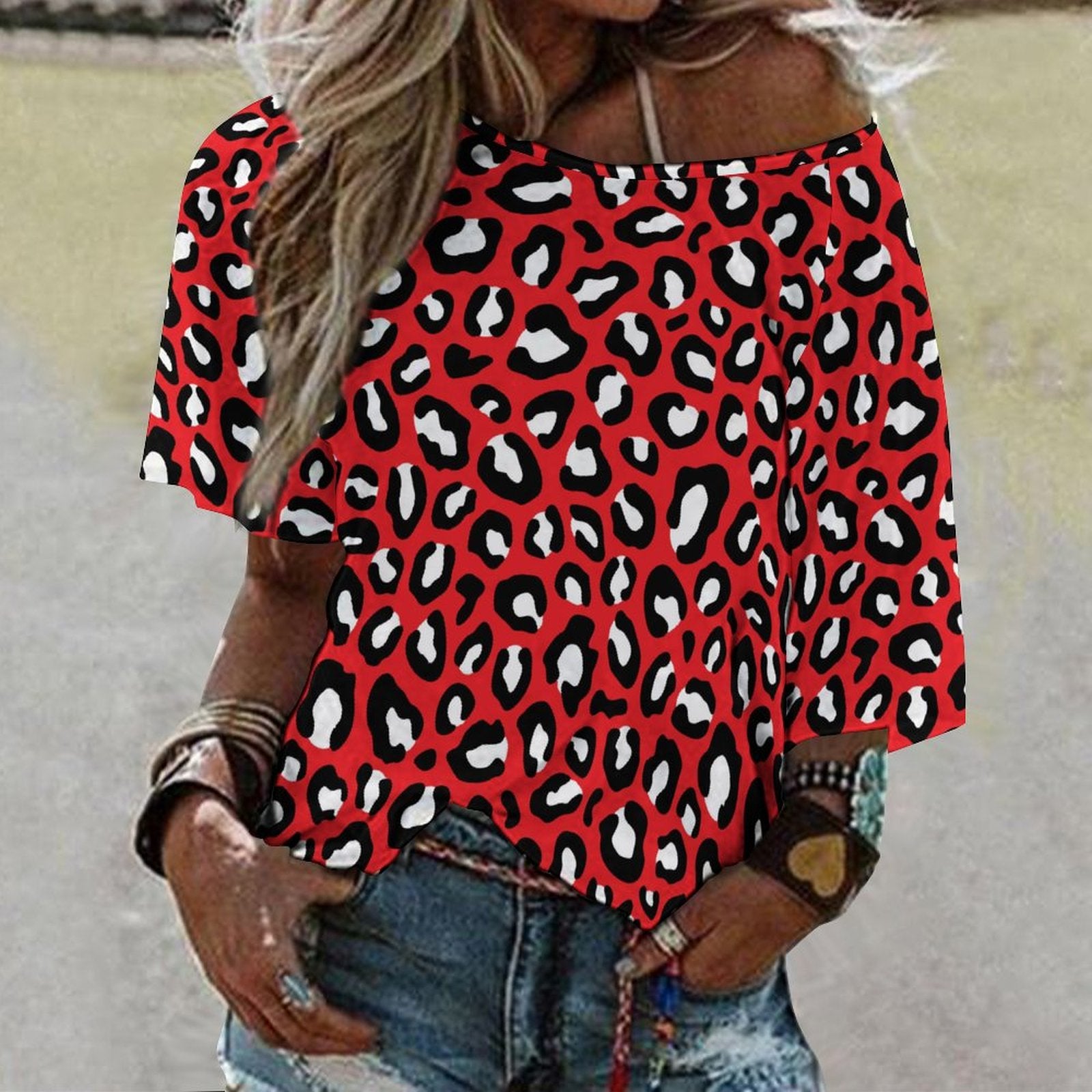 Leopard Print Shirt | Off The Shoulder Top | Red, Black and White