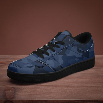 Camo Sneakers | Deep Blue Low-Top Leather Camouflage Shoes