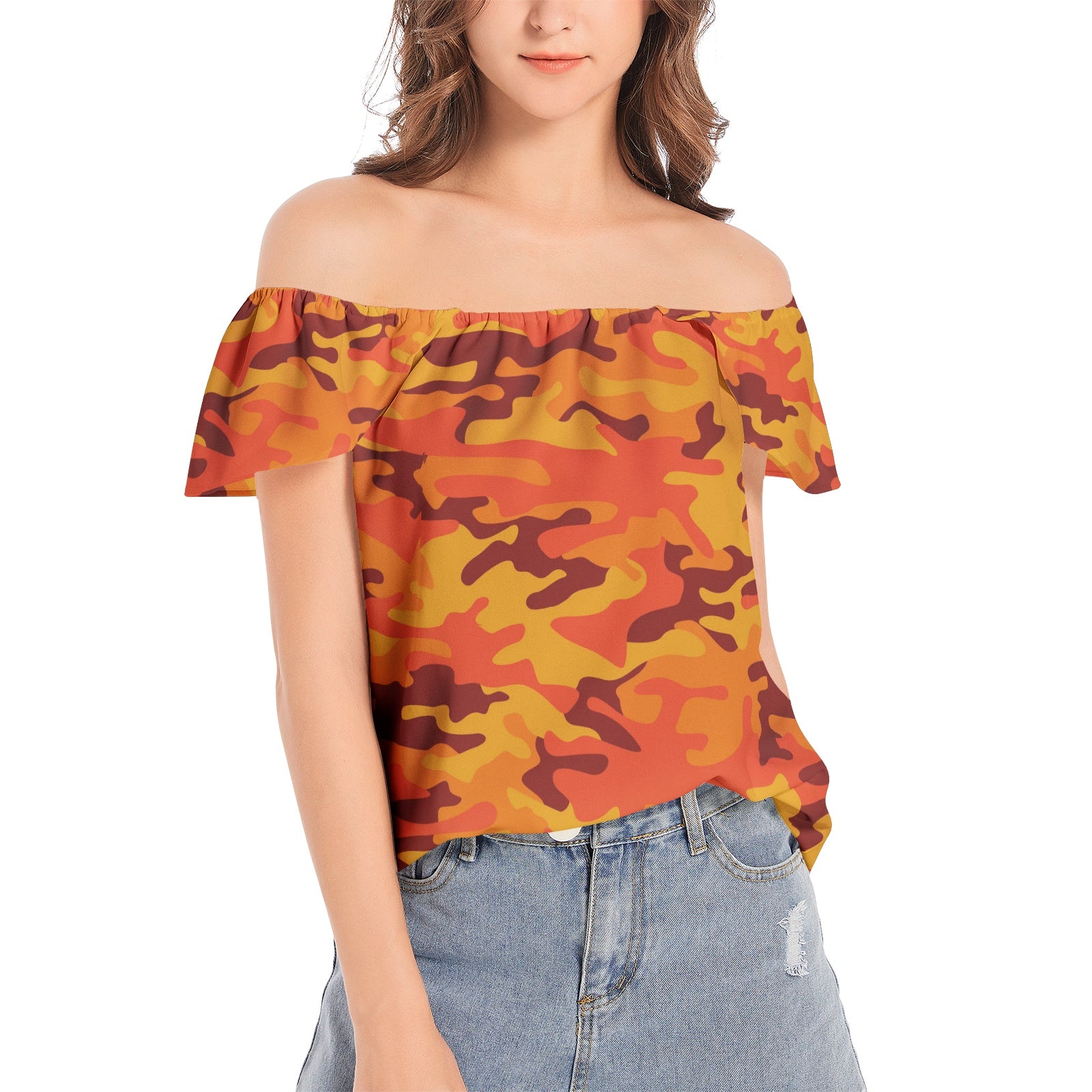 Off The Shoulder Camo Top | Red and Orange Camouflage