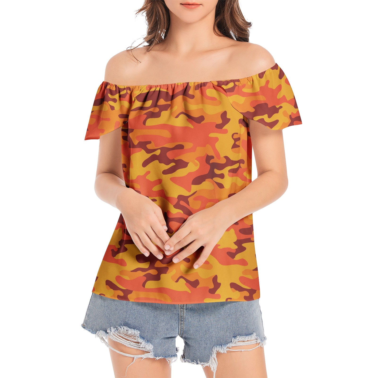 Off The Shoulder Camo Top | Red and Orange Camouflage